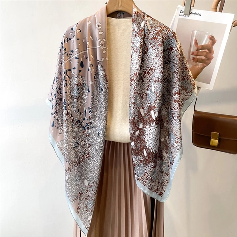 Women Retro Large Square Satin Scarf Floral Printed Satin Like Shawl Headwrap Fashion Versatile Neck Accessory