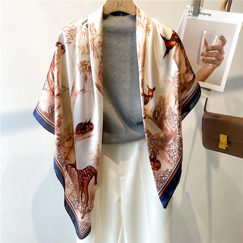 Large Square Scarf Polyester Satin Forest Deer Print Vintage Sunscreen Shawl Wraps For Women