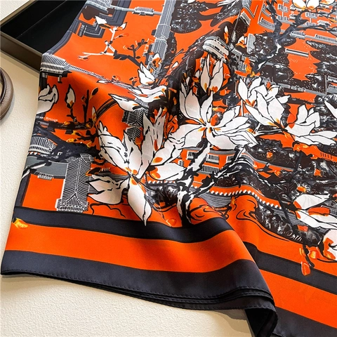 Elegant Women Square Faux Satin Scarf Floral And Classical Chinese Architecture Print Polyester Satin Large Shawl Accessory