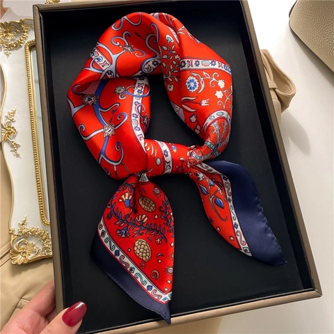 Eleganter Quadratischer Schal Damen Bedruckter Polyester Satin Halstuch Floral Lebensbaum Muster Retro Boho Kopftuch