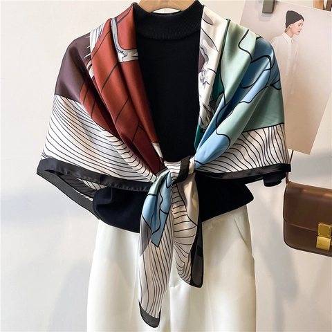 Large Square Scarf Women Elegant Horse Print Satin Shawl Sun Protection Abstract Pattern Fashionable Accessories