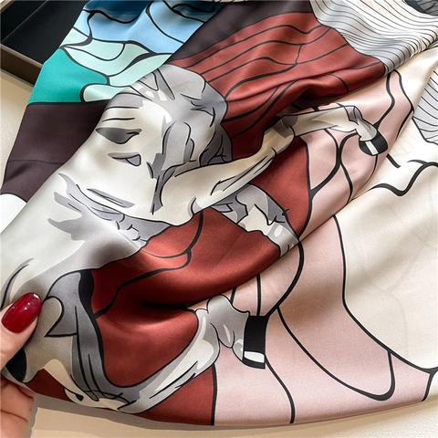 Large Square Scarf Women Elegant Horse Print Satin Shawl Sun Protection Abstract Pattern Fashionable Accessories