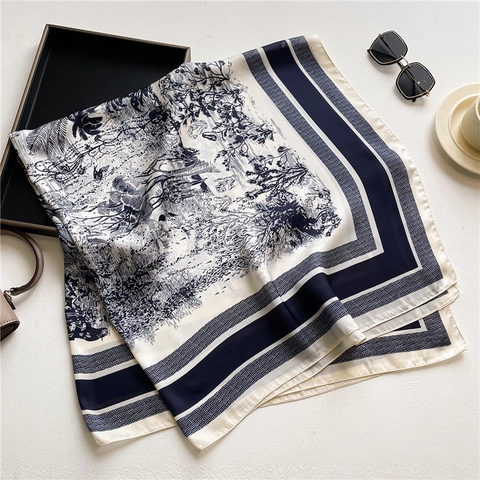 Women Large Square Scarf Toile De Jouy Floral Print Polyester Satin Satin Like Sun Protection Shawl Elegant Vintage Wrap