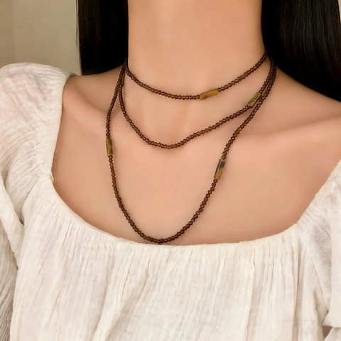 Vintage Multi-Layer Beaded Necklace Long Copper Tiger Eye Stone Elegant Retro Commuter Jewelry Accessory For Women