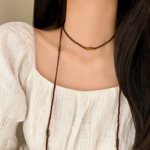 Vintage Multi-Layer Beaded Necklace Long Copper Tiger Eye Stone Elegant Retro Commuter Jewelry Accessory For Women