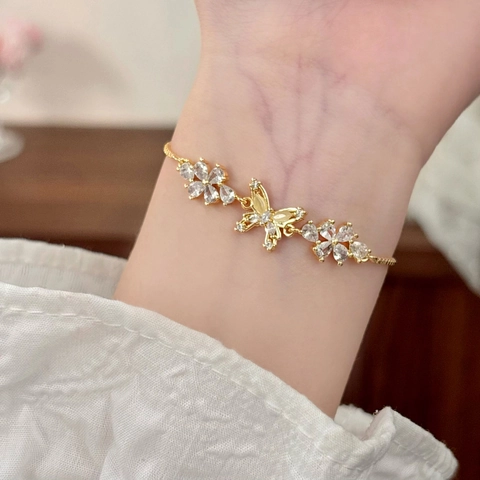 Butterfly Flower Copper Bracelet Cubic Zirconia Adjustable Drawstring Pull Chain Elegant Jewelry For Women