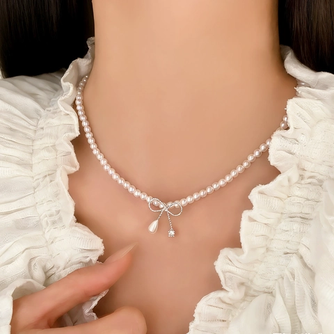 Elegant French Style Bowknot Artificial Pearl Necklace Copper With Zircon Teardrop Pendant Adjustable Chain For Women