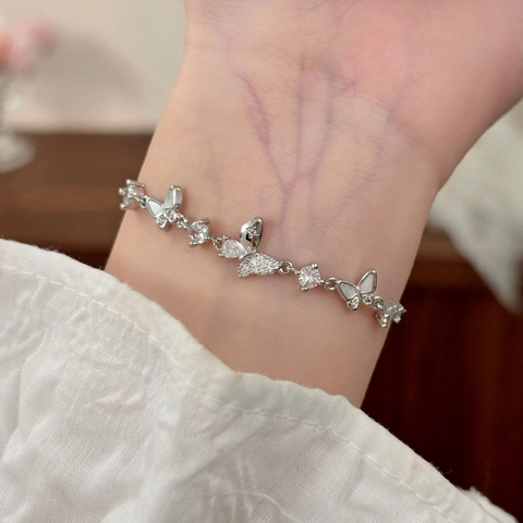 Butterfly Adjustable Drawstring Bracelet Copper With Zircon And Mother Of Artificial Pearl Shell Inlay Elegant Jewelry For Women