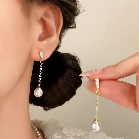 Pendientes Largos De Borla De Perlas Artificiales Estilo Francés Con Micro Circonitas Y Poste De Cobre Forma De Hoja Cadena Larga Para Mujer