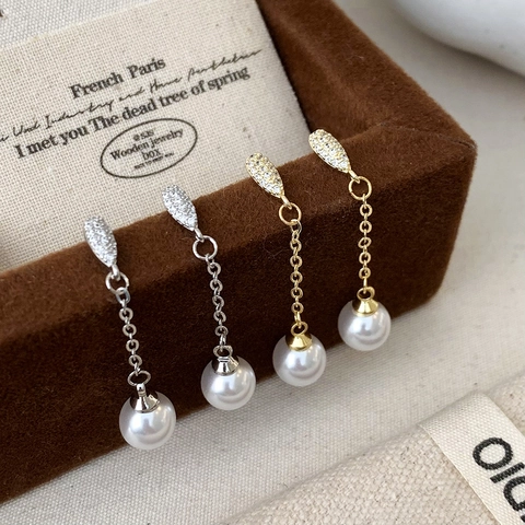 Pendientes Largos De Borla De Perlas Artificiales Estilo Francés Con Micro Circonitas Y Poste De Cobre Forma De Hoja Cadena Larga Para Mujer