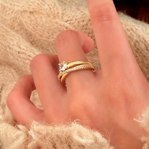 Double Layer Copper Ring With Round Cubic Zirconia Micro Pave Adjustable Open Design Geometric Light Luxury Jewelry For Women