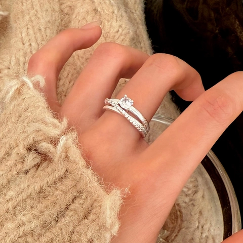 Double Layer Copper Ring With Round Cubic Zirconia Micro Pave Adjustable Open Design Geometric Light Luxury Jewelry For Women