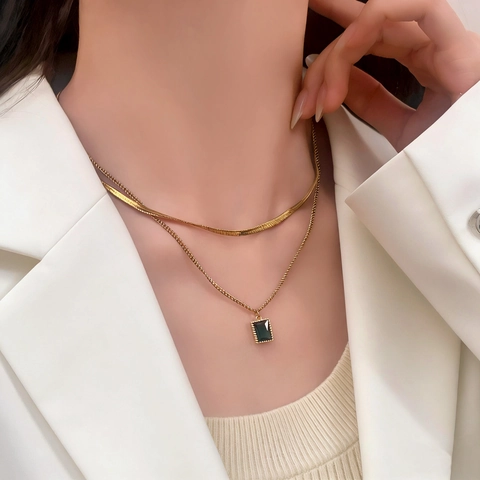 Double Layer Necklace 18K Gold Plated Stainless Steel Flat Snake Chain Square Zircon Pendant French Retro Elegant Women