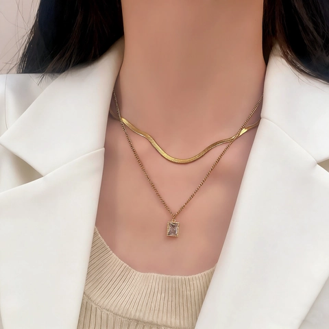 Double Layer Necklace With Rectangular Zircon Pendant Copper Gold Plated Snake Bone Chain Geometric Jewelry For Women