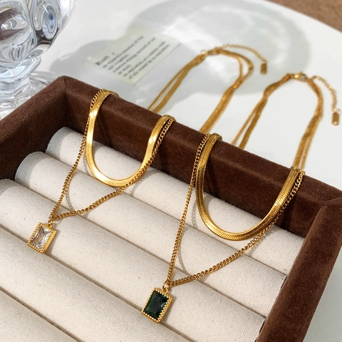 Double Layer Necklace Stainless Steel Gold Plated Rectangular Zircon Pendant Flat Snake Chain Fashion Jewelry For Women