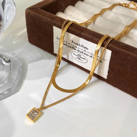Double Layer Necklace 18K Gold Plated Stainless Steel Flat Snake Chain Square Zircon Pendant French Retro Elegant Women