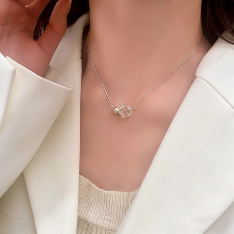 Collier Pendentif Boule Élégant Minimaliste Cuivre Plaqué Argent Pour Femme Chaîne De Clavicule Raffinée Style Quotidien