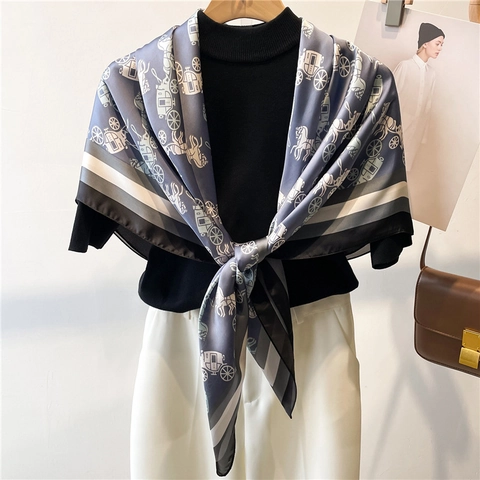 Großer Quadratischer Schal Polyester Satin Sonnenschutz Leichter Schal Wrap Für Damen Eleganter Blumendruck Vintage Stil
