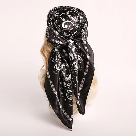 Women Elegant Paisley Floral Print Satin Square Scarf Vintage Flower Vine Scarf Silk Feeling Large Headband Shawl Wrap Polyester Bandana