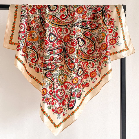 Women Elegant Paisley Floral Print Satin Square Scarf Vintage Flower Vine Scarf Silk Feeling Large Headband Shawl Wrap Polyester Bandana