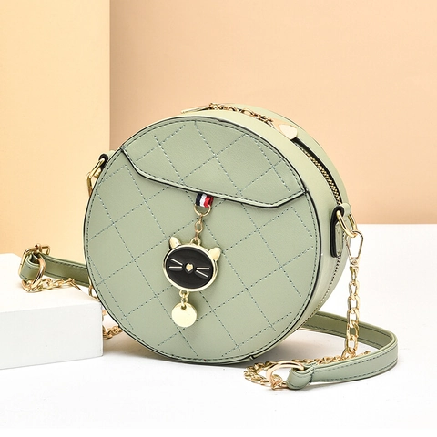 Round Crossbody Bag PU Leather Quilted Rhombic Pattern With Cat Pendant Metal Chain Small Shoulder Bag For Women