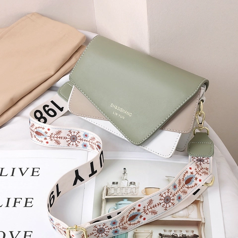Borsa a Tracolla da Donna in Pelle PU con Blocco di Colore Geometrico e Tracolla Larga Ricamata Borsa a Spalla Quadrata