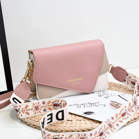 Borsa a Tracolla da Donna in Pelle PU con Blocco di Colore Geometrico e Tracolla Larga Ricamata Borsa a Spalla Quadrata