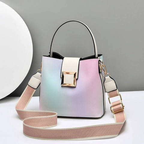 Fashion Macaron Gradient Bucket Bag For Women PU Leather Lychee Pattern Handbag Wide Strap Golden Square Buckle Crossbody Bag