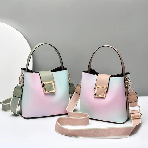 Fashion Macaron Gradient Bucket Bag For Women PU Leather Lychee Pattern Handbag Wide Strap Golden Square Buckle Crossbody Bag