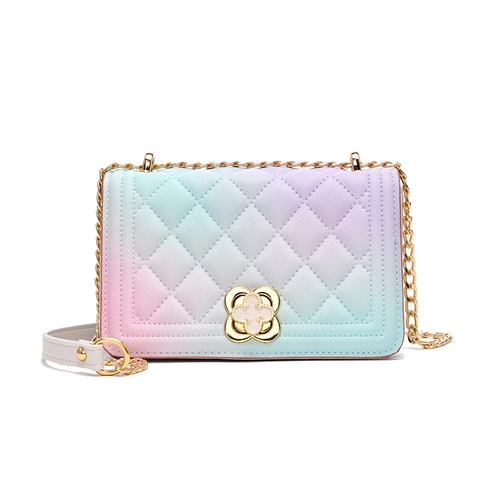Damen Gesteppte Schultertasche Verlauf Regenbogen Umhängetasche Kleine Quadratische Tasche Mit Kettengurt Blumenverschluss Polyester Handtasche
