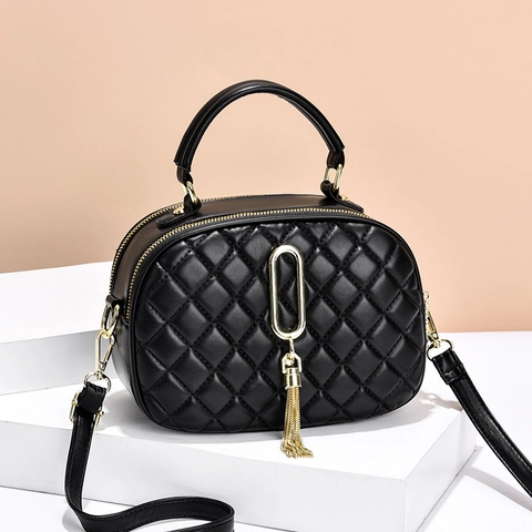 Bolso Bandolera de Cuero PU Acolchado para Mujer Decoración de Borla Dorada Doble Cremallera Bolso de Mano Correa Ajustable Diario