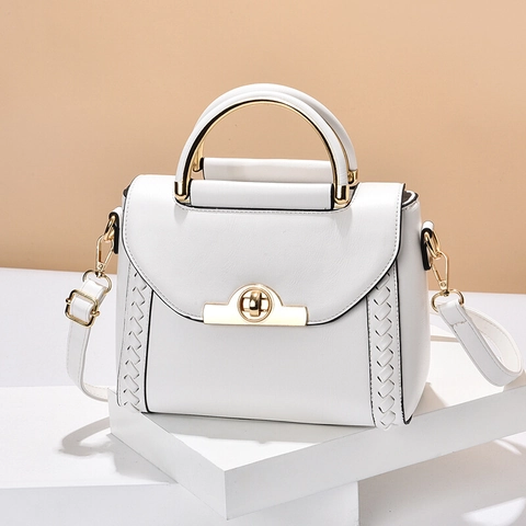 Elegante Damen Umhängetasche Mit Webdetails Polyester PU Metallgriff Drehverschluss Trapezförmige Handtasche