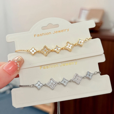 Pulsera Ajustable De Cobre Para Mujer Con Trébol De Cuatro Hojas De Concha Blanca Y Circonitas Micro Pavé Joyería
