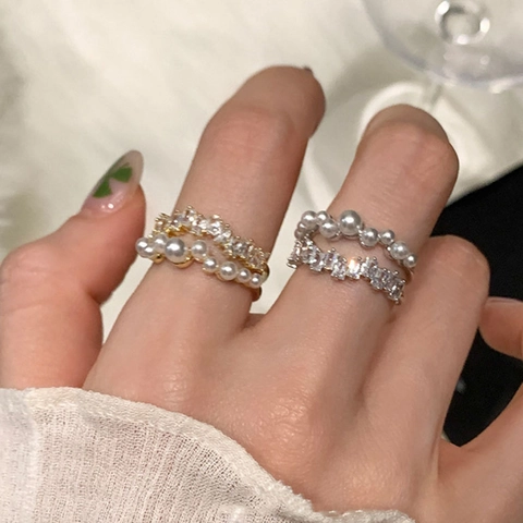Doppelstöckiger Offener Ring Exquisite Zirkon Und Künstliche Perle Verstellbarer Eleganter Schmuck Für Damen Luxus