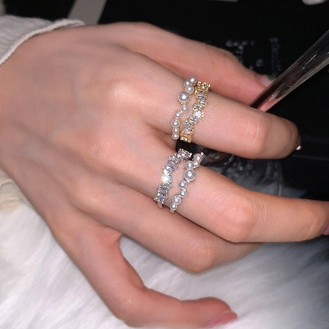 Doppelstöckiger Offener Ring Exquisite Zirkon Und Künstliche Perle Verstellbarer Eleganter Schmuck Für Damen Luxus