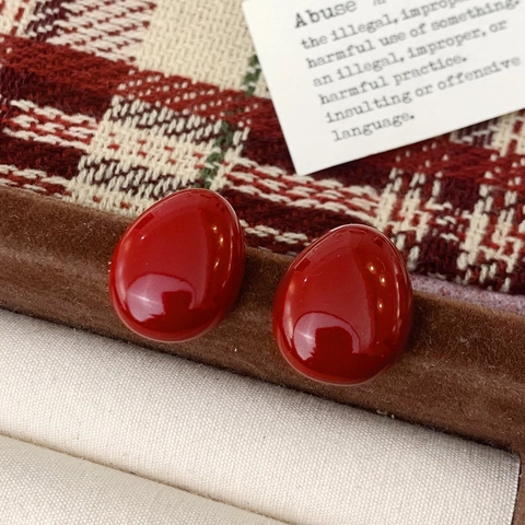 Ankara Red Enamel Stud Earrings 18K Gold Plated Copper Oval Glossy Vintage Elegant Niche Design Jewelry For Women