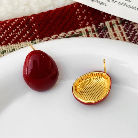 Ankara Red Enamel Stud Earrings 18K Gold Plated Copper Oval Glossy Vintage Elegant Niche Design Jewelry For Women