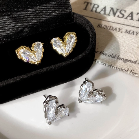 Heart Zircon Stud Earrings Copper 18K Gold Plated Star Detail Geometric Minimalist Fashion Jewelry Women