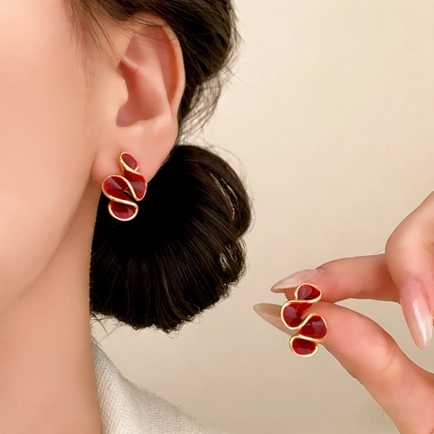 Ancora Red Flower Stud Earrings Copper 18K Gold Plated Enamel Spiral Wave French Retro Vintage Jewelry For Women
