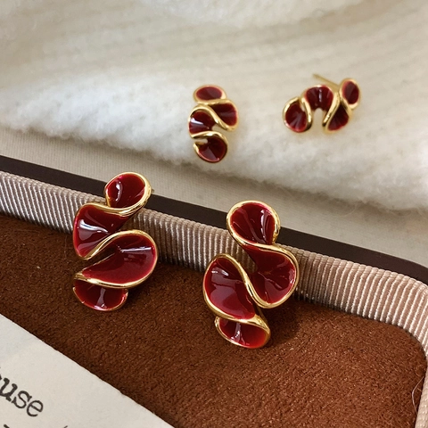 Ancora Red Flower Stud Earrings Copper 18K Gold Plated Enamel Spiral Wave French Retro Vintage Jewelry For Women