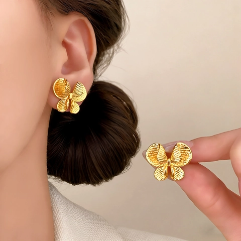 Pendientes De Botón De Mariposa Cobre Texturizado Metal Minimalista Chic Vintage Elegante Joyería Para Mujeres