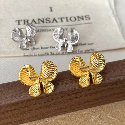 Pendientes De Botón De Mariposa Cobre Texturizado Metal Minimalista Chic Vintage Elegante Joyería Para Mujeres