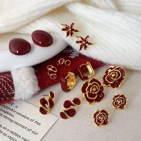 Vintage Ankora Red Enamel Earrings Gold Plated Copper Flower Geometric Retro Elegant Studs For Women