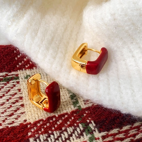 Geometric Rectangular Earrings 18K Gold Plated Copper Red Enamel French Retro Style Niche Jewelry For Women Daily Wear