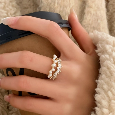 Double Layer Open Ring Copper With Baguette Zircon And Artificial Pearls French Vintage Adjustable Jewelry For Women Gold Plated