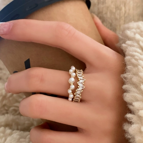 Double Layer Open Ring Copper With Baguette Zircon And Artificial Pearls French Vintage Adjustable Jewelry For Women Gold Plated