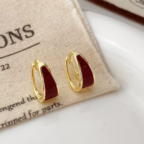 Vintage Ankora Red Enamel Earrings For Women Gold Plated Copper Geometric Stud Hoop C-Shape Bean Elegant Fashion Jewelry