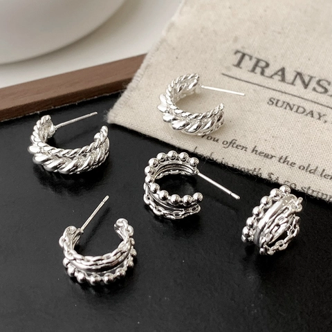 Orecchini E Ear Cuff In Rame Placcato Argento Con Perno In Argento Sterling 925 Intrecciato Multistrato Gioielli Geometrici Minimalisti Da Donna
