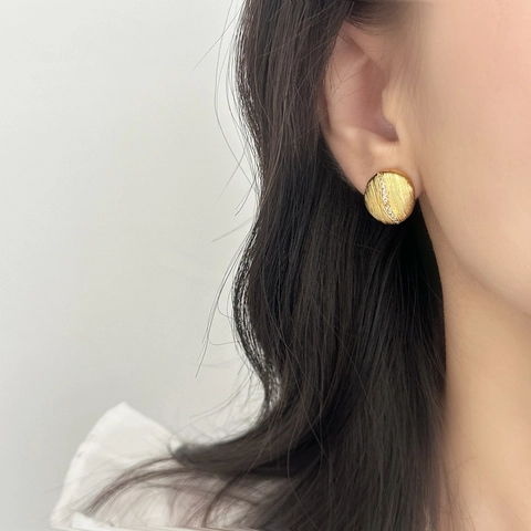 Orecchini A Lobo Tondi Geometrici Rame Texture Spazzolata Intarsio Zircone Cerchio Gioielli Minimalisti Per Donna