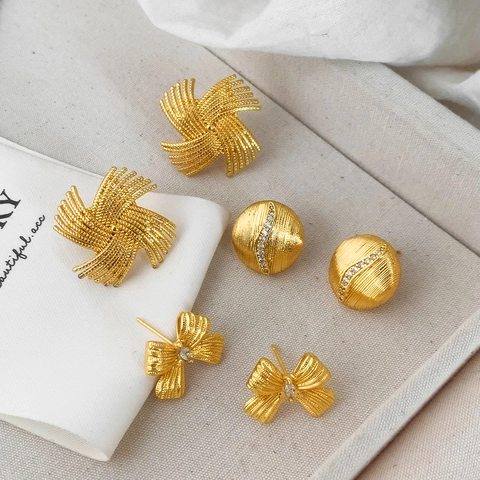 Orecchini A Lobo In Rame Con Perno In Rame Placcati Oro 18K Geometrici Fiocco Rotondi Mulino A Vento Zircone Gioielli